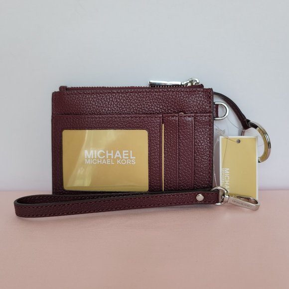 MICHAEL KORS Small Top-Zip Coin Pouch with ID Holder Pebbled Leather-Merlot⭐$69 - Picture 1 of 16